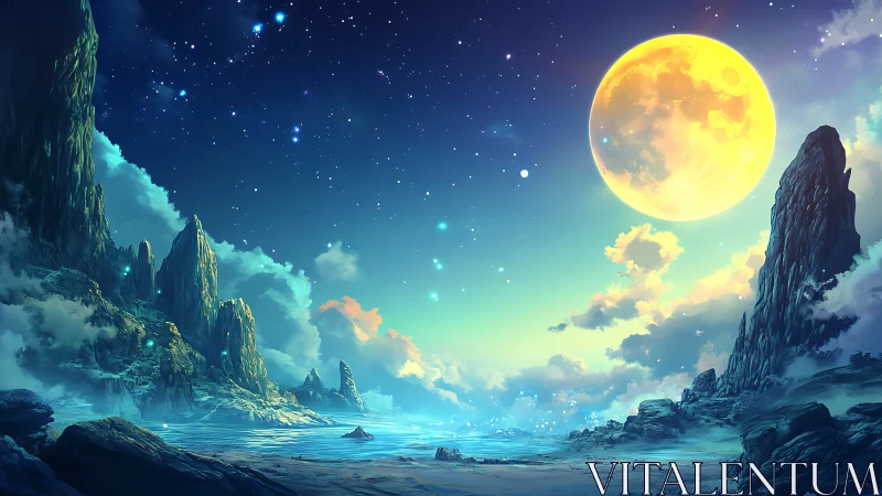 Luminous moonrise over crystalline cliffs in digital fantasy landscape.