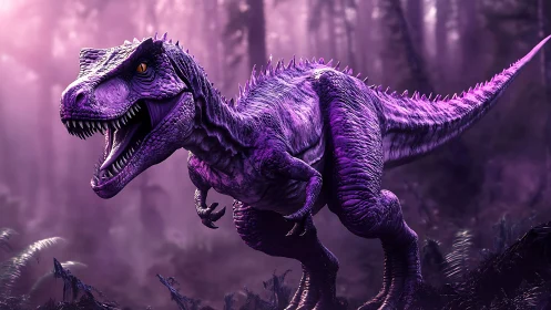 Purple tyrannosaurus in misty prehistoric forest scene.