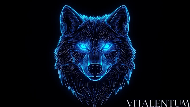 Neon blue wolf head illustration with glowing cybernetic outlines