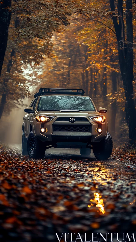 Photorealistic off-road SUV framed in misty autumn forest path.