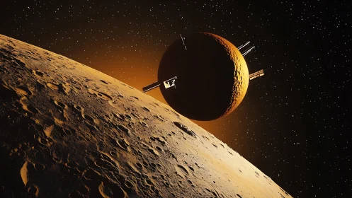 Craters and artificial satellite above illuminated rocky moon.