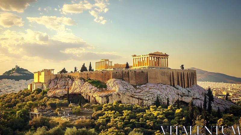 Sunlit Acropolis and Parthenon crown Athens at golden hour.