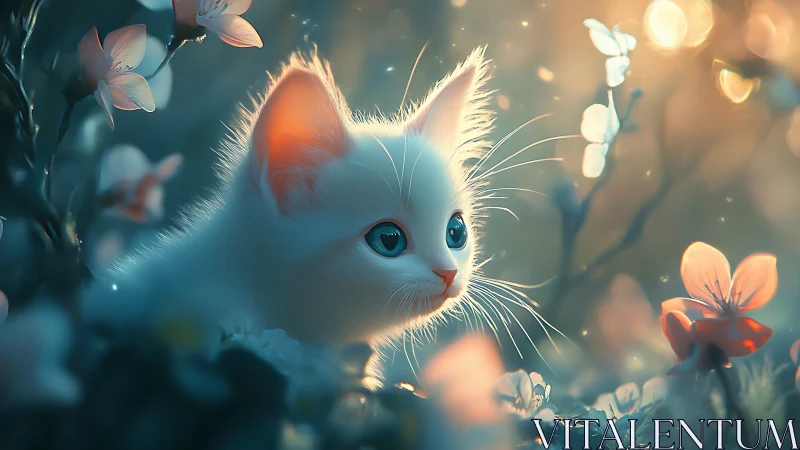 White Cat with Heart-Shaped Eyes in Magical Bokeh Garden.