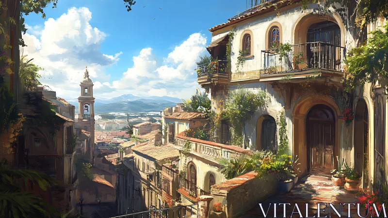 Sunlit hillside terrace overlooking a dreamy Italian town.