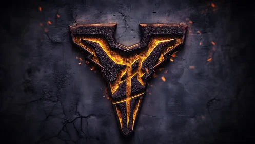 Molten metallic emblem on scorched cracked stone wall.