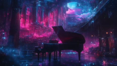 Grand piano anchors neon-lit cathedral hall with cosmic volumetrics