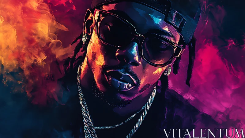 Neon-lit hip-hop portrait in high-contrast digital painting style.