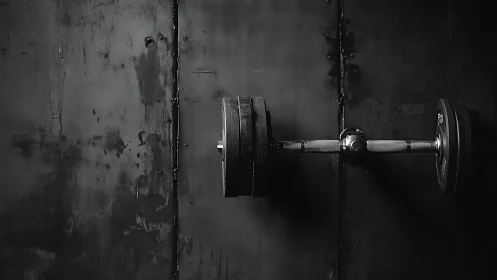 Chromed knurled dumbbell aligned against distressed steel wall