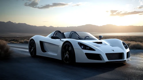 Aerodynamic white roadster rendered in sunset desert lighting.