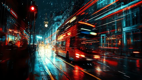 Neon red London bus trails on rain‑slicked night avenue.