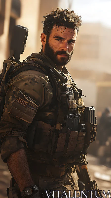 Weathered soldier in golden light and quiet determination.