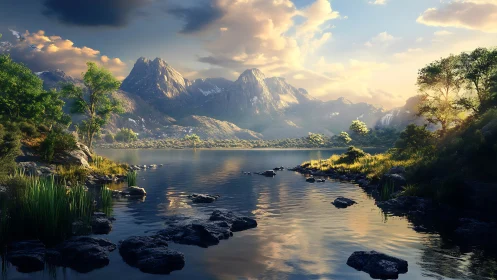 Digital painting alpine lake vista with luminous backlighting.