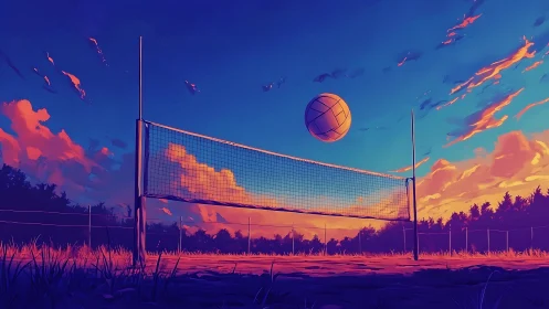 Sunset volleyball court under vivid painted sky.