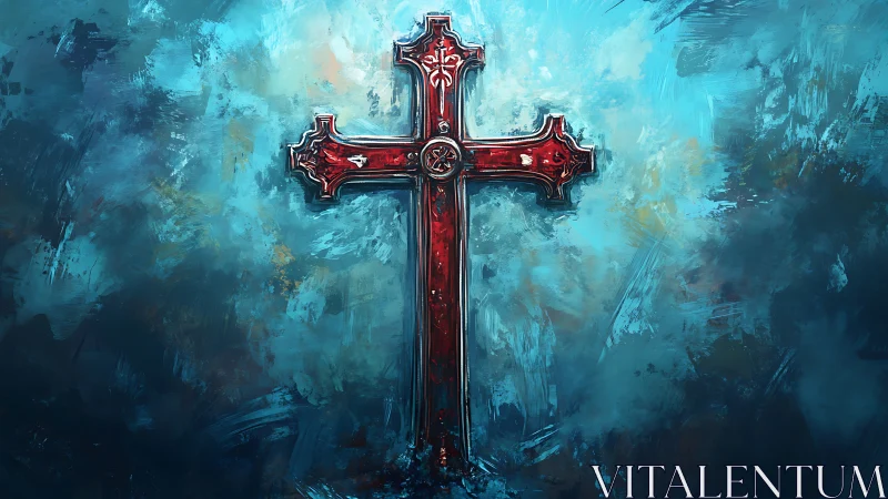 Red ornamental cross on textured blue abstract background.