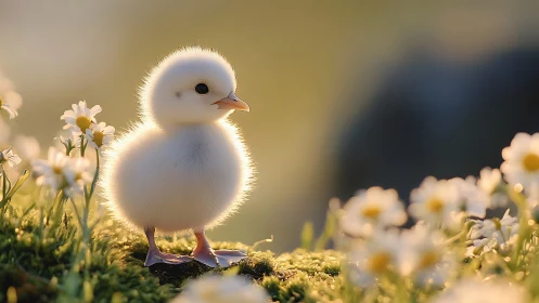 Fluffy spring chick exploring a sunlit meadow of daisies.