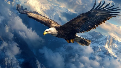 Majestic Bald Eagle Soaring Over Snowy Mountain Peaks, Realistic Art.
