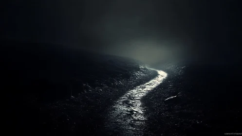 Glimmering night path gently curves toward hidden light