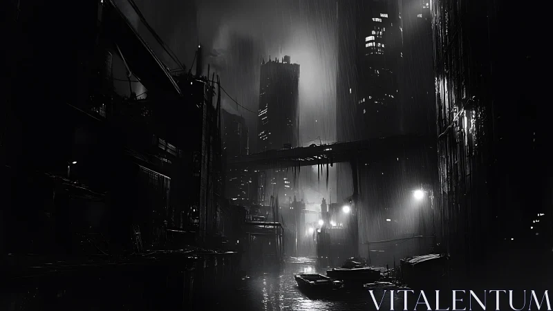 Rain-soaked cyberpunk canal under towering city lights.