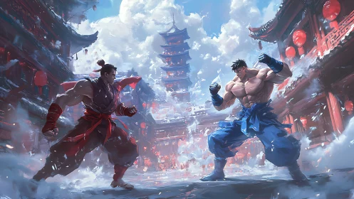 Martial artists facing off in stylized temple courtyard scene.