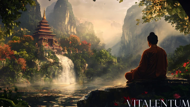 Monk overlooks misty temple waterfall in lush valley