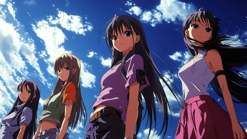Four determined girls under vivid summer sky, low angle.