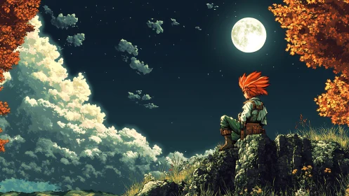 Lone wanderer dreams beneath a moonlit autumn sky.