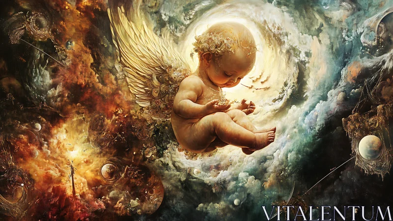 Winged infant floats in luminous cosmic storm scene.