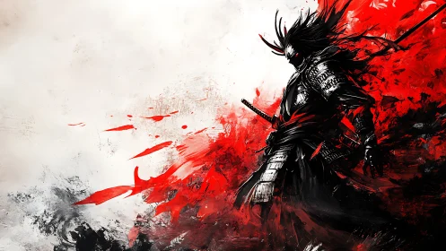 Samurai figure stands in dynamic red and black digital composition