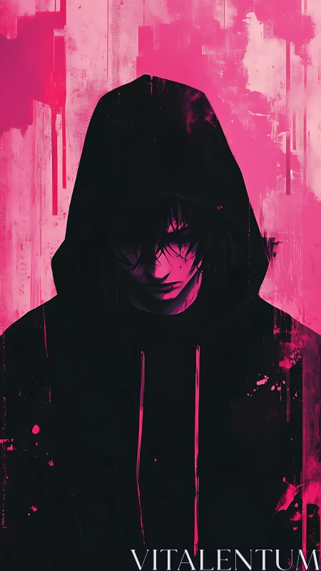Shadowed hoodie figure glowing in neon pink mystery.