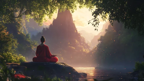 Monk in red robes seated by river in forested valley at dawn.