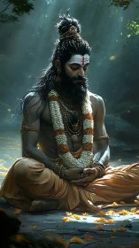 Meditating sage in forest light with garlands and beads.