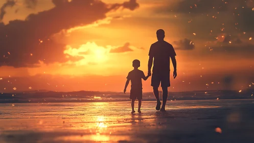Silhouetted parent and child walking on sunset beach scene.