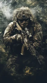 Camouflaged sniper in digital gear aims rifle in dense foliage