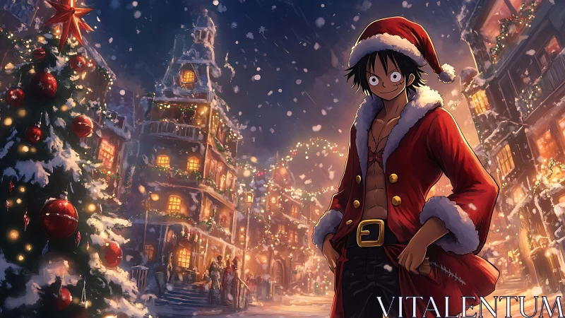 Santa-suited anime pirate stands in glowing snowy street