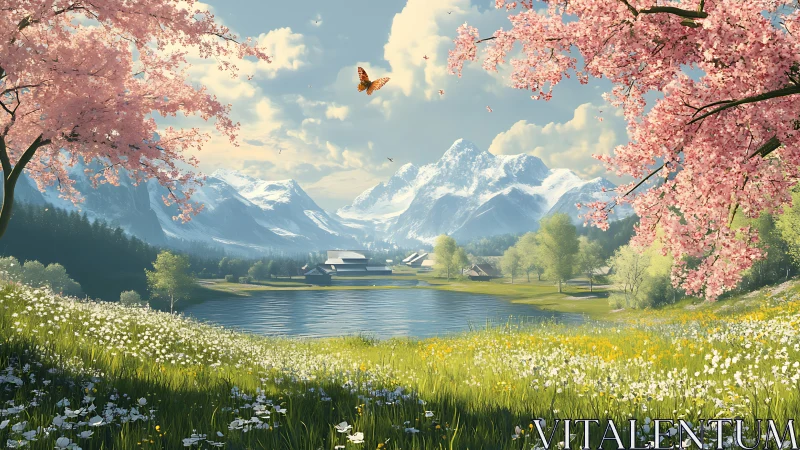 Spring alpine lake valley with cherry blossoms and chalets