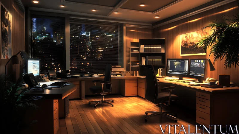 Nighttime office workspace shows illuminated multi-monitor desks