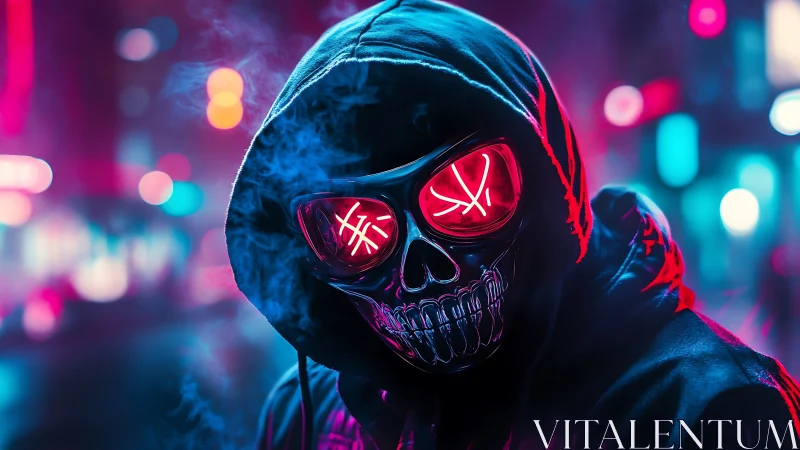 Hooded skull mask with neon glasses in urban night scene.