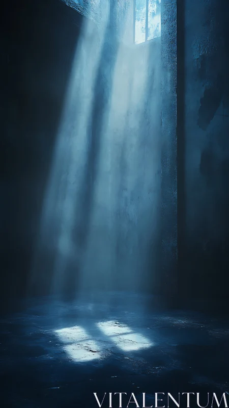 Cold interior space with overhead window and light beams.