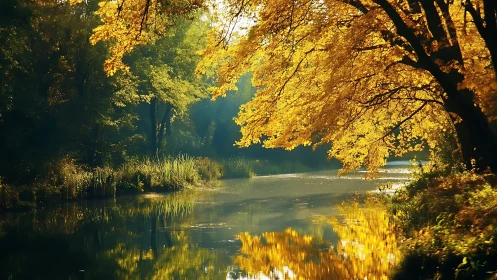 Golden deciduous canopy illuminates a tranquil forest river
