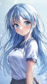 Gentle blue haired schoolgirl bathed in soft morning light.