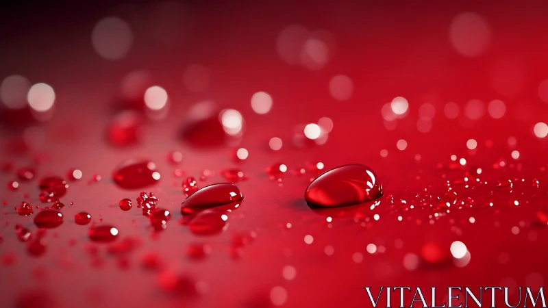 Crimson liquid droplets in macro bokeh field on red surface.