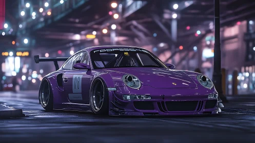 Purple race-prepped Porsche sits low in neon city street
