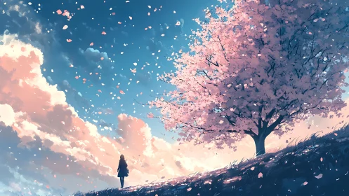 Solitary figure watches cherry blossoms drift into a glowing sky