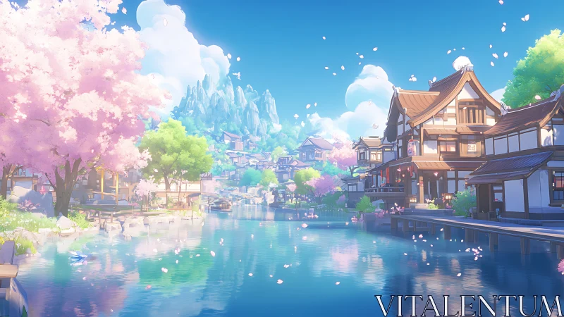 Spring riverside village under cherry blossoms in sunlight.