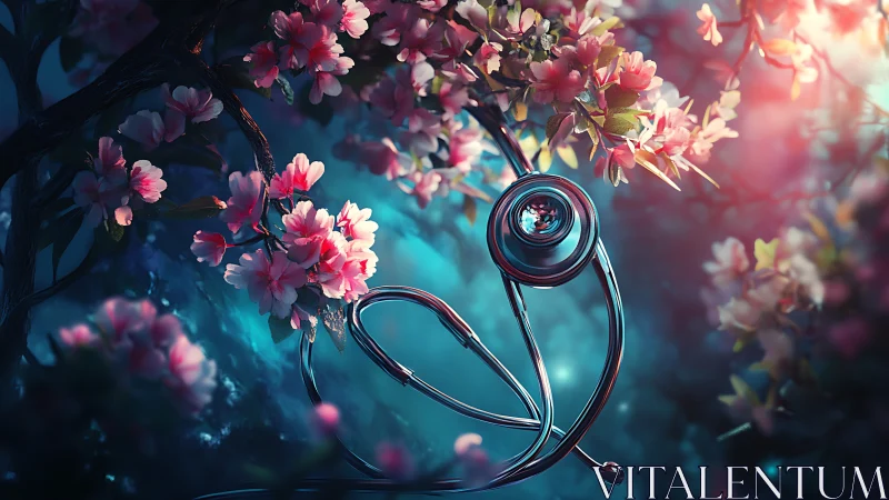 Stethoscope entwined with luminous cherry blossoms at dusk.