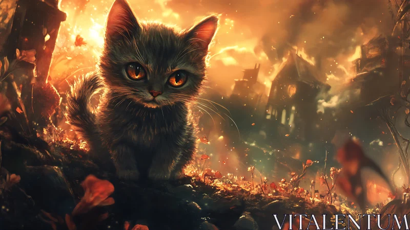 Black cat with glowing orange eyes surrounded by burning rubble and flames.
