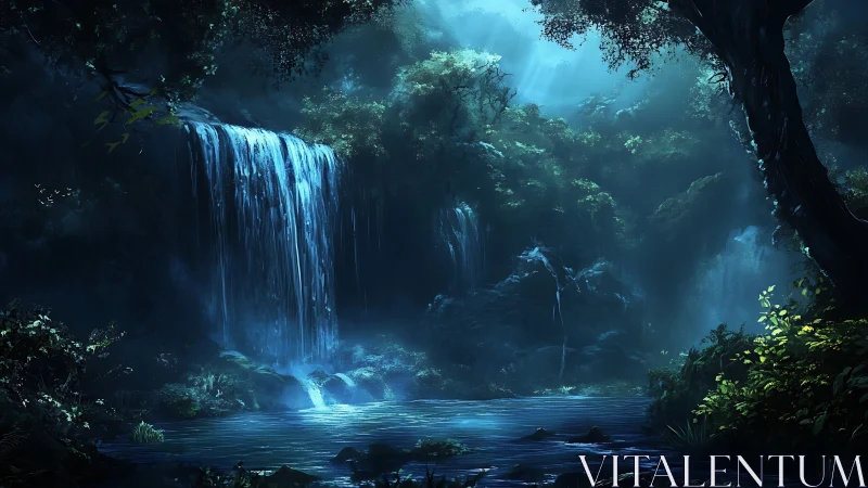 Moonlit cascade dreaming in a secret emerald forest pool.