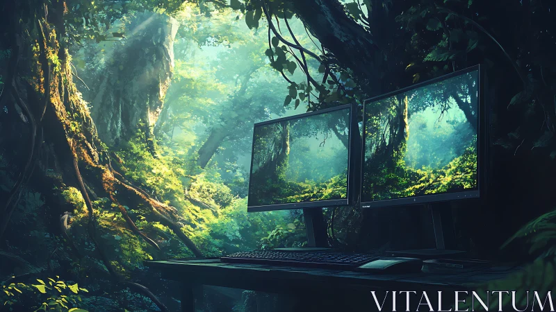 Twin monitors welcome a lush digital workspace in nature