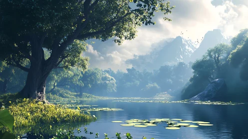 Tree-lined lake with mountains under diffused daylight.