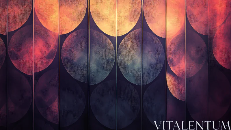 Glowing circles drifting through a dusky striped skyline.